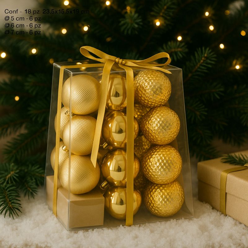 Palline Albero di Natale oro 18pz Ø 5/6/7cm in  Box Piramide PVC JNP2501-2