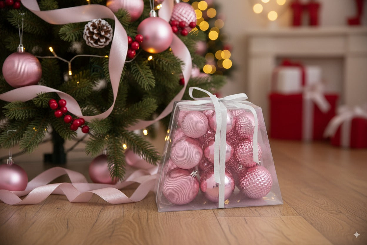 Set 18 Palline di Natale Rosa Ø5/6/7 cm in Box Piramide Addobbi AJNP2501-5