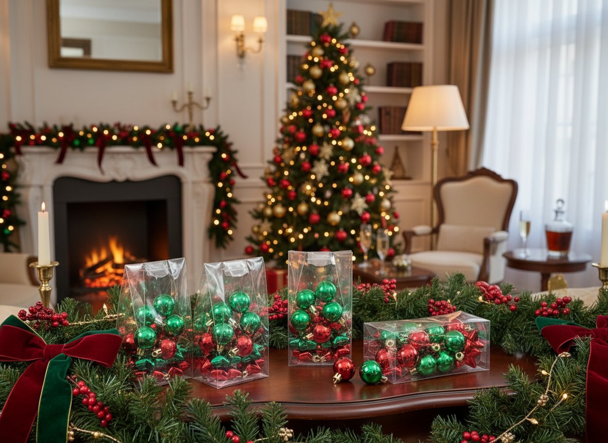 Set Palline Natale 3 cm e Stelle 4 cm Rosso/Verde  Sacchetto PVC 12 Pezzi