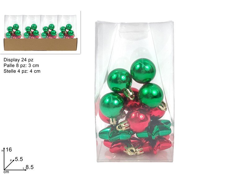 Set Palline Natale 3 cm e Stelle 4 cm Rosso/Verde  Sacchetto PVC 12 Pezzi