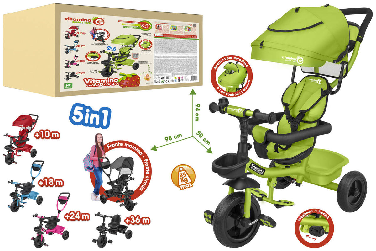 Globo 05621 Triciclo Evolutivo 5 in 1 . Passeggino e Triciclo in Metallo verde