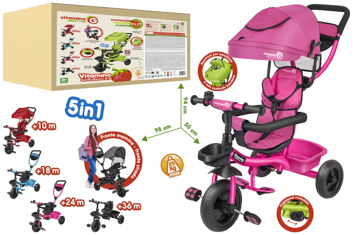 Globo  05619  Triciclo Evolutivo 5 in 1 . Passeggino e Triciclo in Metallo rosa