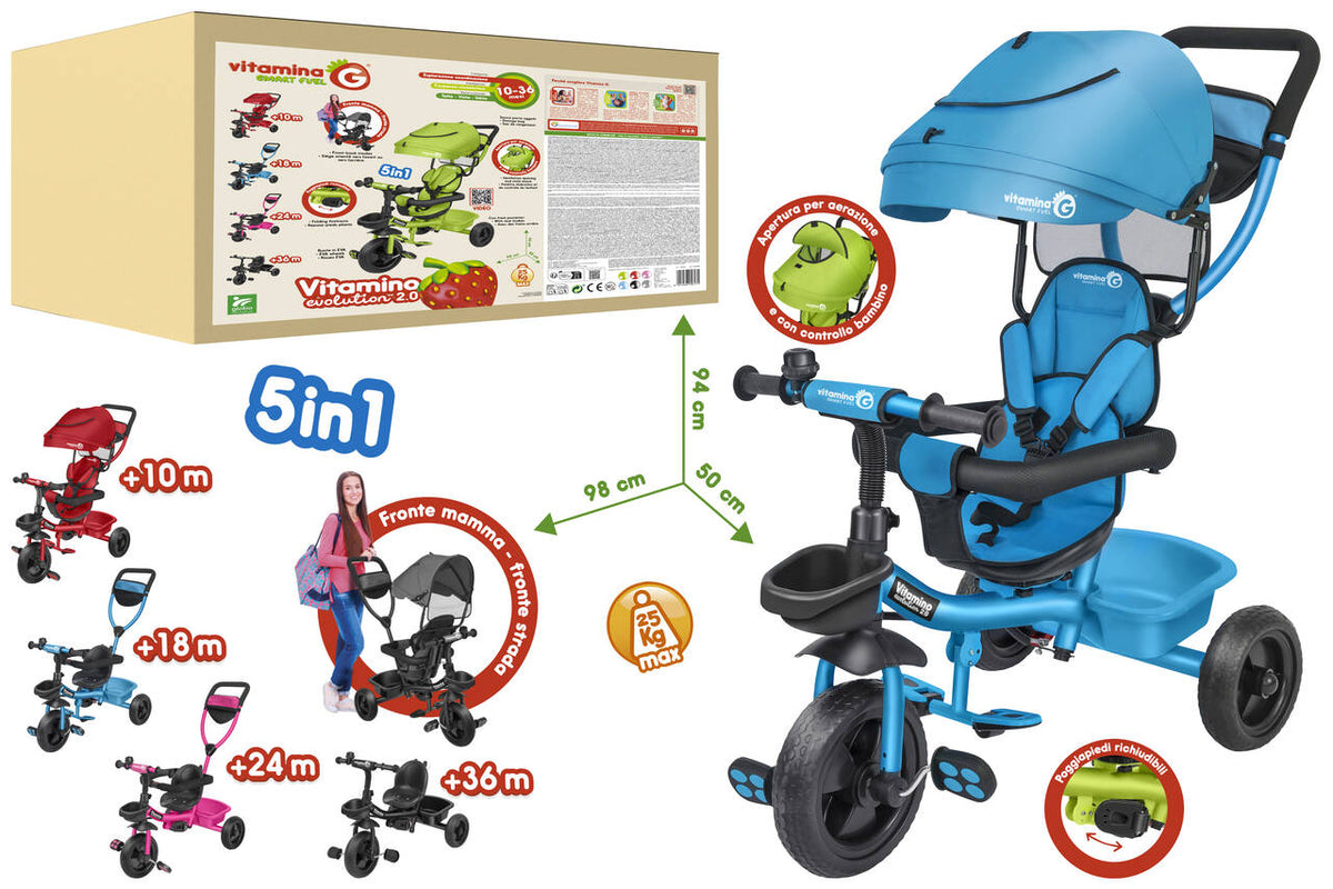 Globo 05620 Triciclo Evolutivo 5 in 1 . Passeggino e Triciclo in Metallo Azzurro