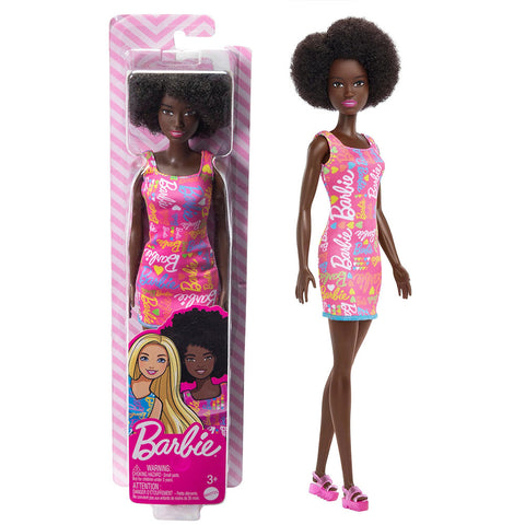 Mattel Barbie Fashion Doll con Abito Rosa Logo Barbie, Capelli Afro