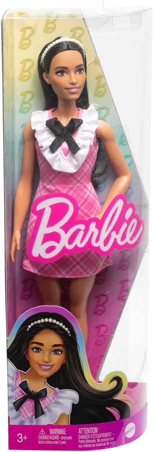 HJT06 Mattel  Barbie Fashionistas  con Capelli Neri, Abito Rosa a Quadri