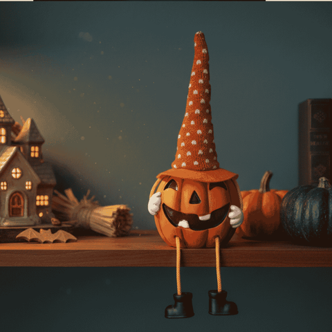 Zucca Seduta con Cappello e Luci  Decorazione Halloween Scatola due Pezzi