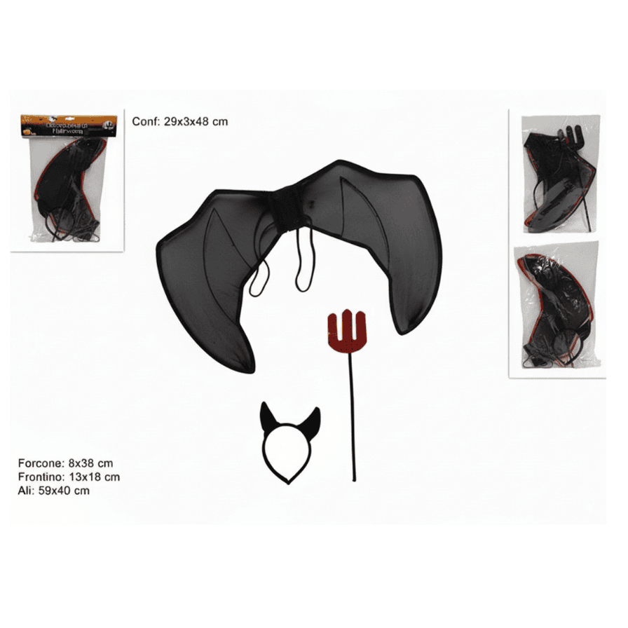 Ali con Cerchietto e Forcone Halloween  Set Costume Diavolo Rosso e Nero