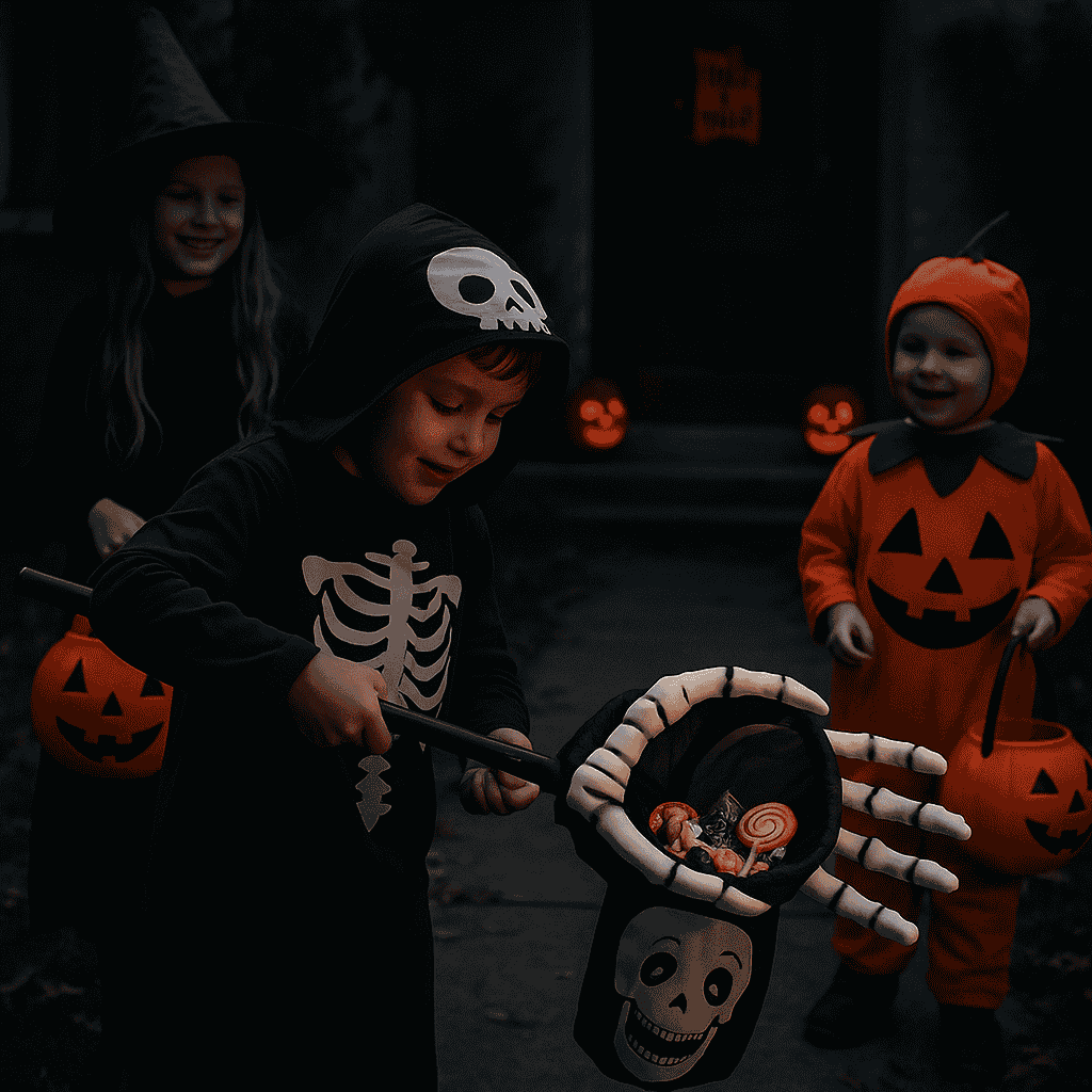 Mano con Sacchetto Halloween dolcetto o scherzetto  Zucca e Scheletro  52 cm