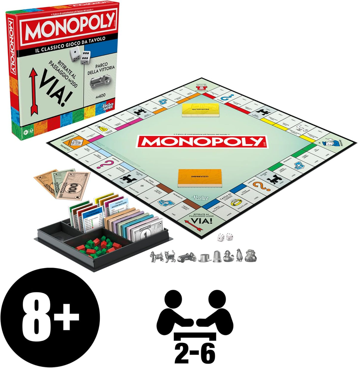Monopoly Classico Hasbro Gaming  Gioco da Tavolo in Italiano con Pedine Grandi