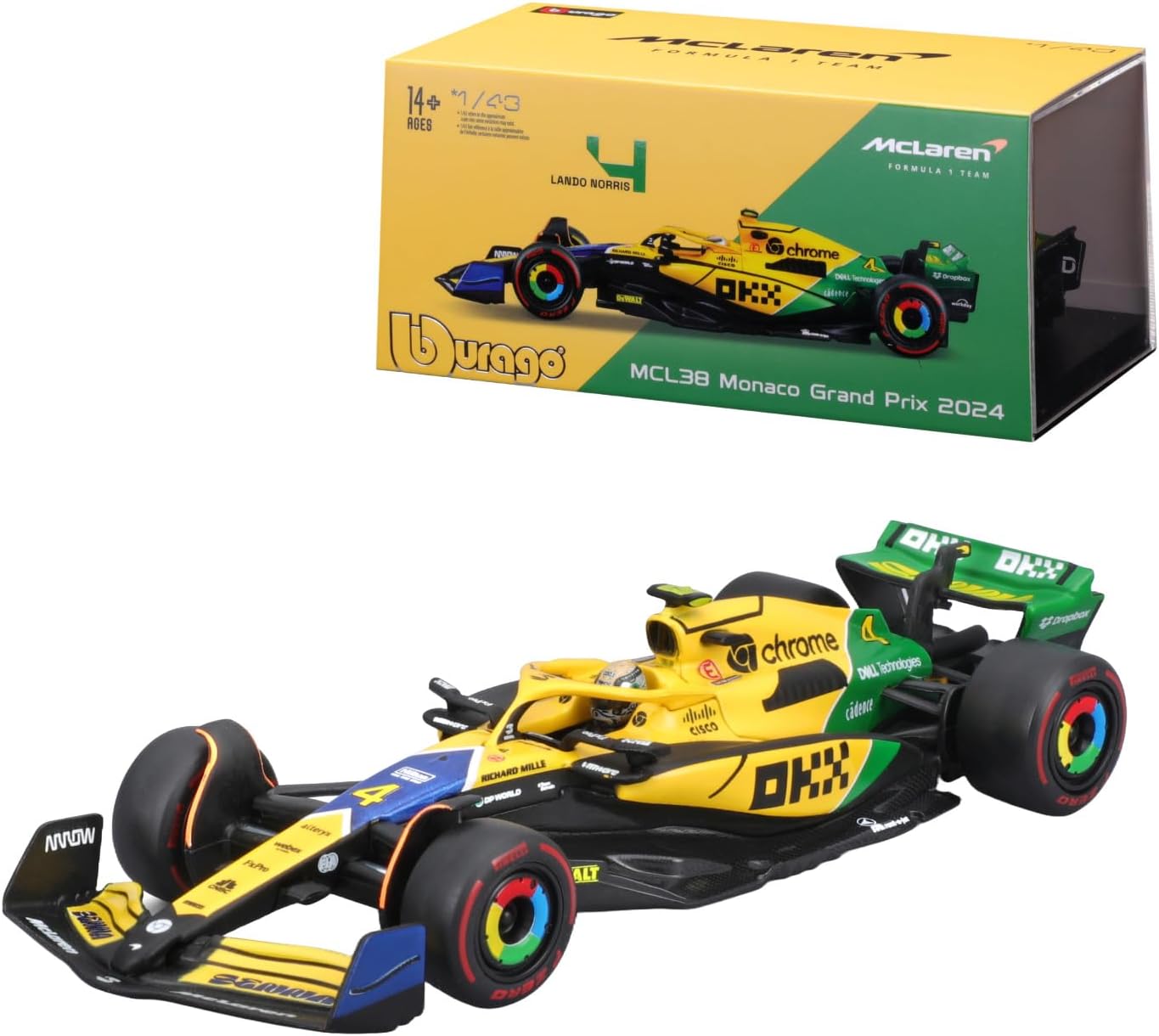 18-38215N Bburago McLaren F1 Team MCL38 #4 Norris con casco Monaco Gran Prix 24