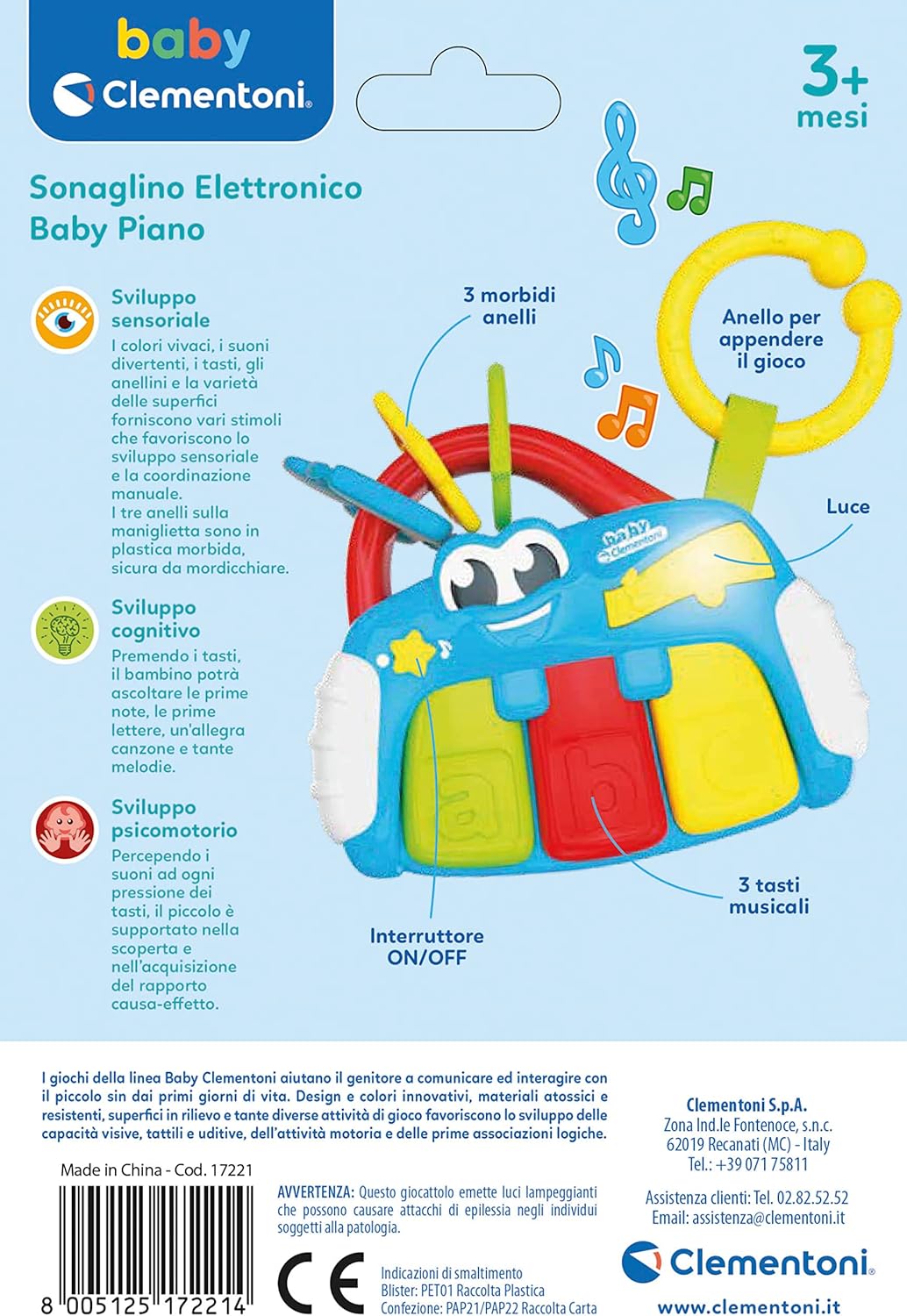 Clementoni Baby Piano Sonaglino Elettronico 3+ mesi  Educativo luci e suoni