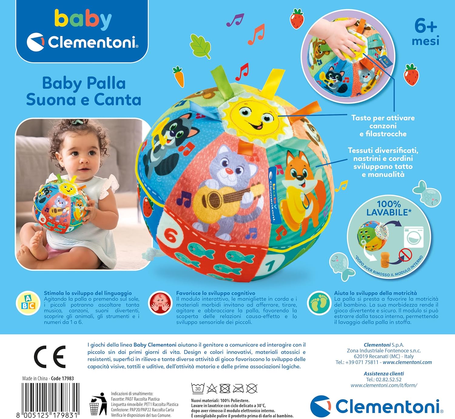 Clementoni Baby  Palla Suona e Canta  Gioco Musicale Interattivo 6+ Mesi