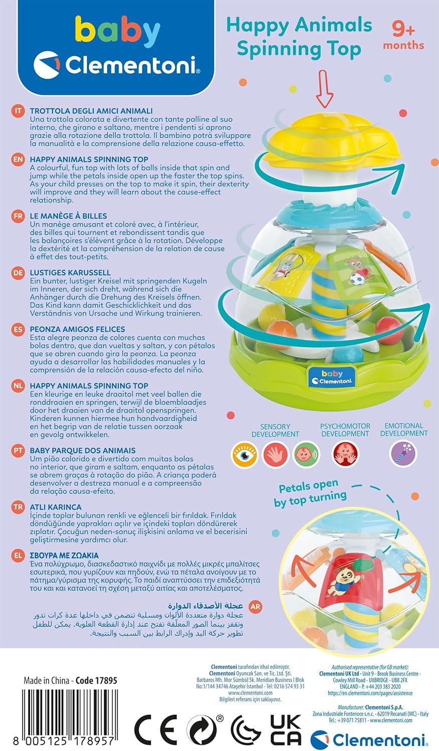 Clementoni Baby Happy Animals Spinning Top Trottola Interattiva 9+ Mesi