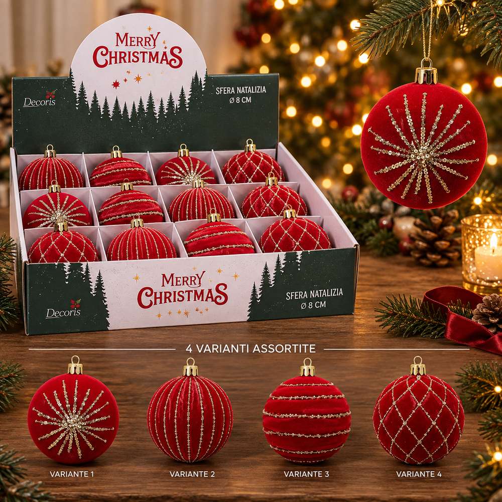Display 12 Palline di Natale 8 cm in Velluto Rosso con Glitter Oro  4 Soggetti