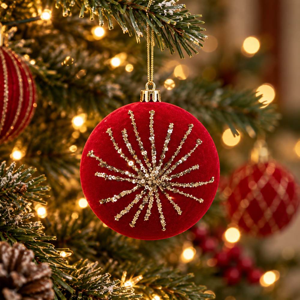 Display 12 Palline di Natale 8 cm in Velluto Rosso con Glitter Oro  4 Soggetti