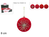 Display 12 Palline di Natale 8 cm in Velluto Rosso con Glitter Oro  4 Soggetti