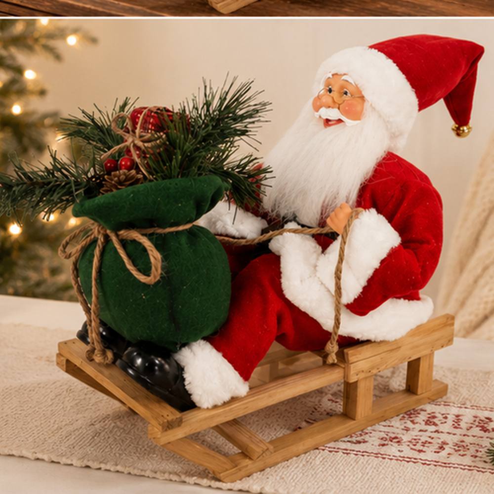 Babbo Natale su Slitta in Legno con Sacco dei Regali 38 cm Decorazione Natalizia