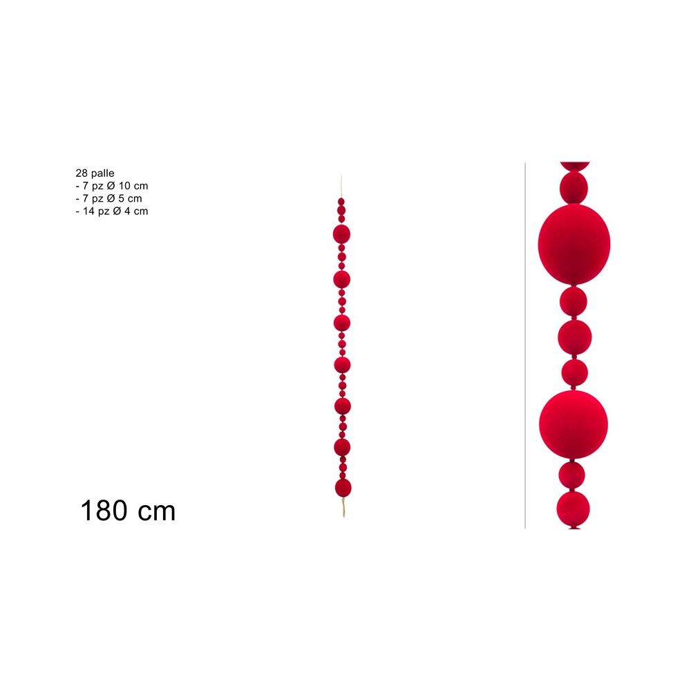 DB26Q014 Ghirlanda Natalizia 180 cm con 28 Palle in Velluto Rosso