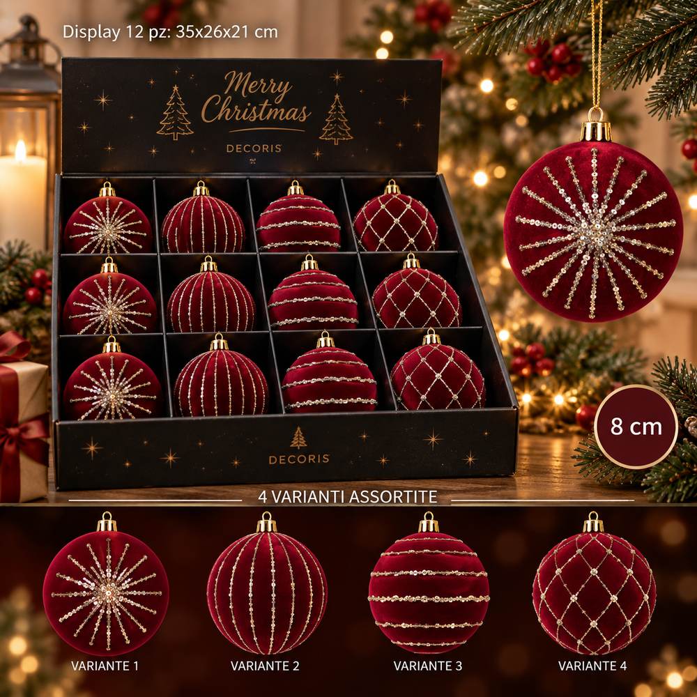 Display 12 Palline di Natale 8 cm in Velluto Bordeaux con Glitter Oro  4 Sogget