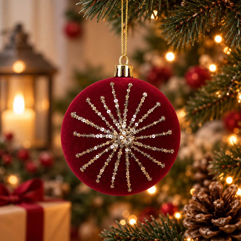 Display 12 Palline di Natale 8 cm in Velluto Bordeaux con Glitter Oro  4 Sogget