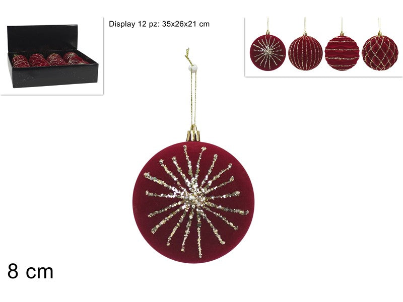 Display 12 Palline di Natale 8 cm in Velluto Bordeaux con Glitter Oro  4 Sogget