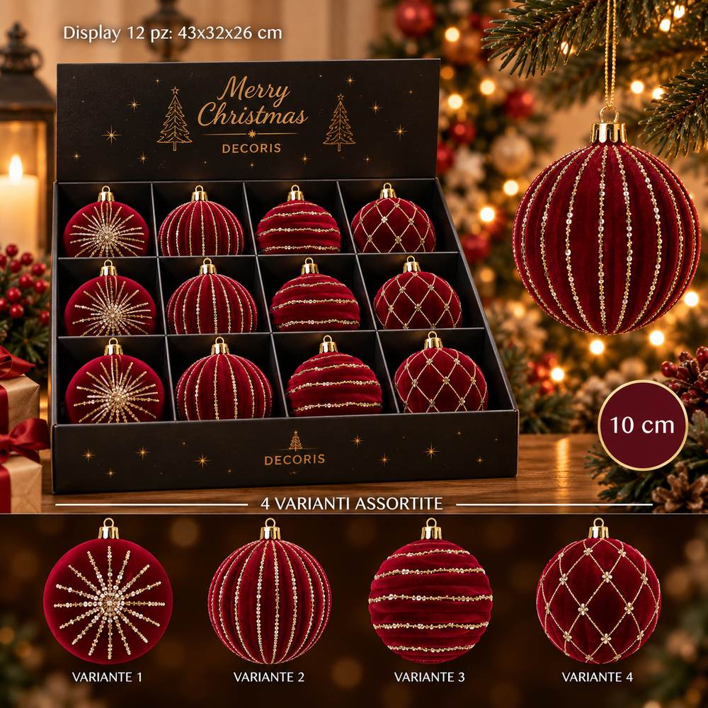 Display 12 Palline di Natale 10 cm in Velluto Bordeaux con Glitter Oro 4 Soggett