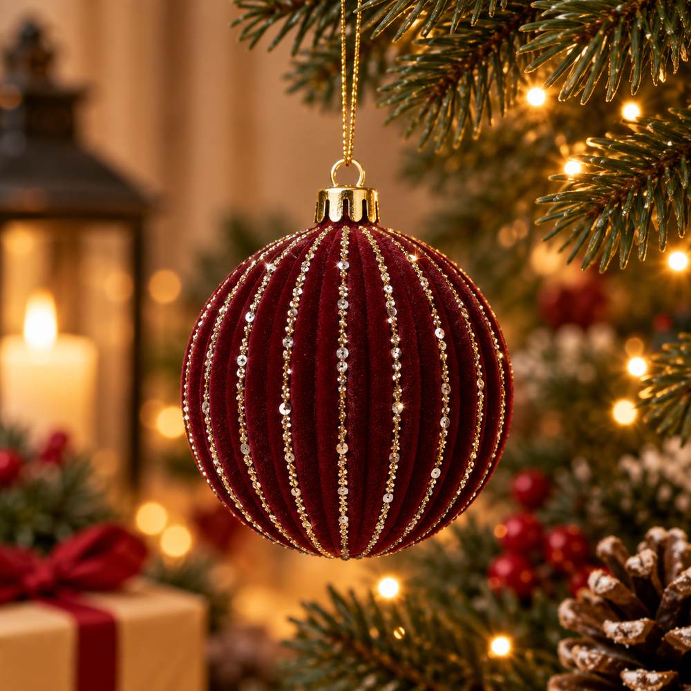 Display 12 Palline di Natale 10 cm in Velluto Bordeaux con Glitter Oro 4 Soggett