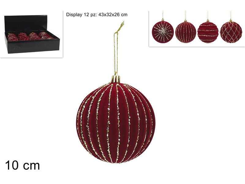 Display 12 Palline di Natale 10 cm in Velluto Bordeaux con Glitter Oro 4 Soggett