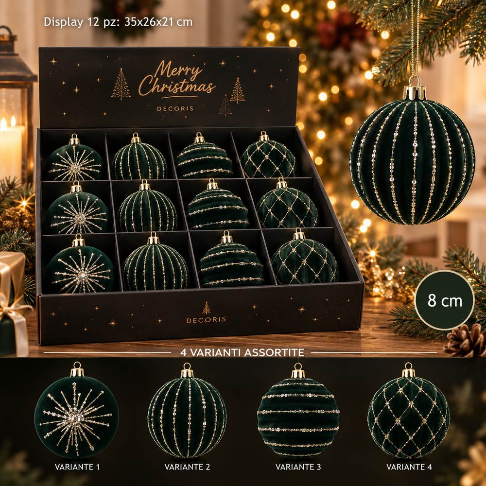 Display 12 Palline di Natale 8 cm in Velluto Verde con Glitter Oro  4 Soggetti
