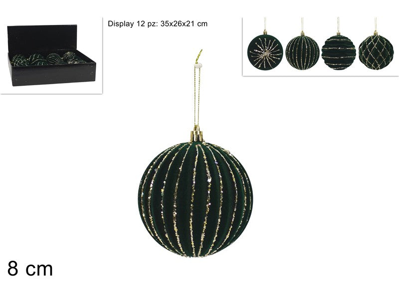 Display 12 Palline di Natale 8 cm in Velluto Verde con Glitter Oro  4 Soggetti