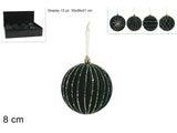 Display 12 Palline di Natale 8 cm in Velluto Verde con Glitter Oro  4 Soggetti