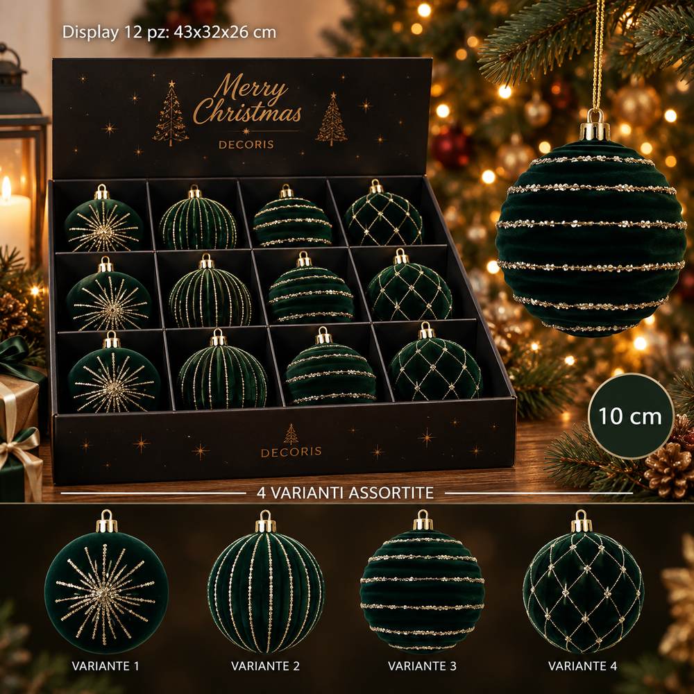 Display 12 Palline di Natale 10 cm in Velluto Verde con Glitter Oro  4 Soggetti