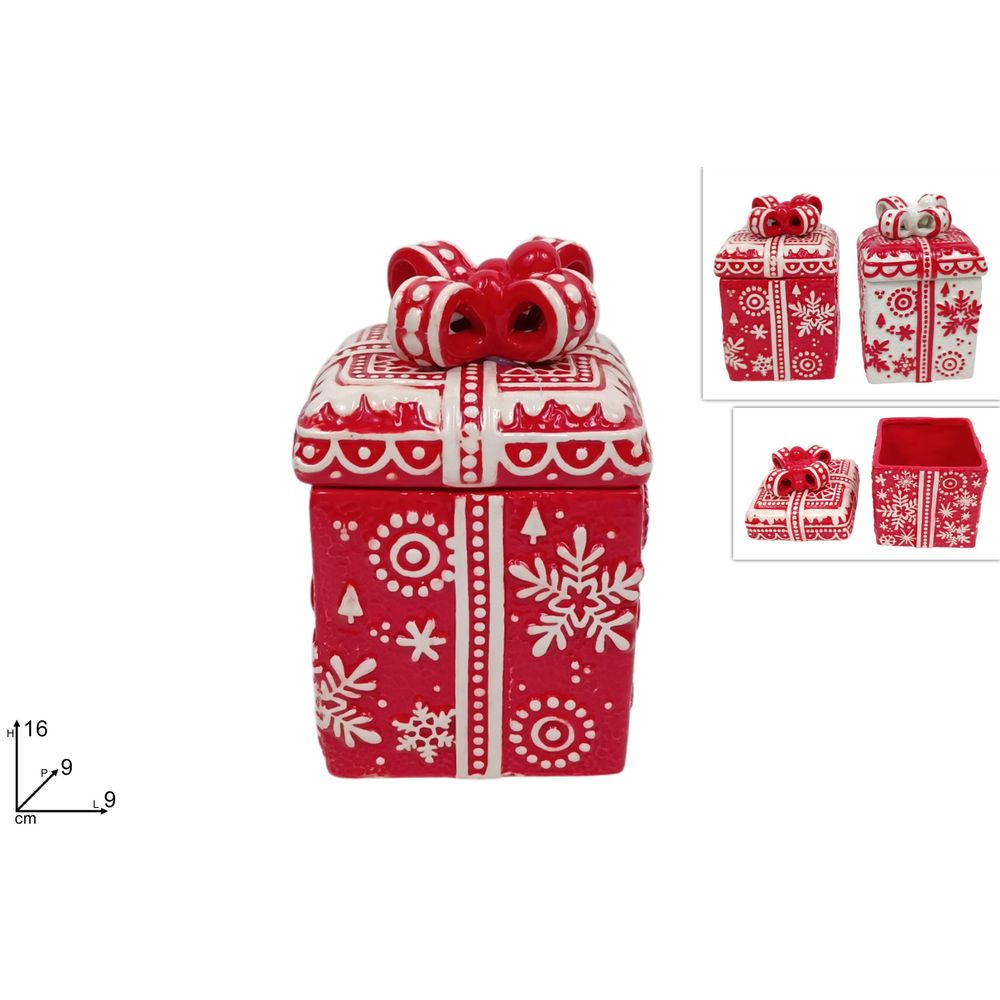 Barattolo Natalizio Quadrato in Ceramica 9x9 cm con Fiocco Rosso/Bianco Colore c