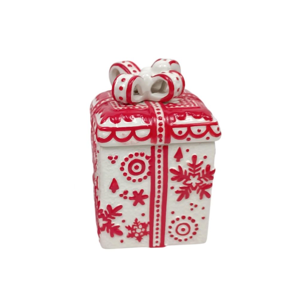 Barattolo Natalizio Quadrato in Ceramica 9x9 cm con Fiocco Rosso/Bianco Colore c
